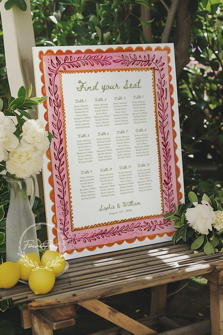 Affiche pour plan de table mariage personnalisé dans les tons de beige et rose